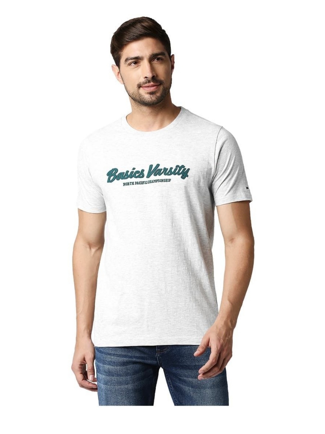 

Basics Men Typography Printed Round Neck Cotton T-shirt, Grey