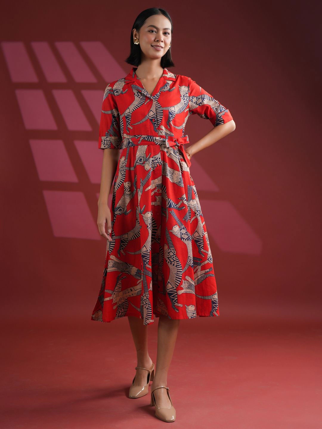 

SANSKRUTIHOMES Printed Tie-Ups Detail Cotton Shirt Dress, Red