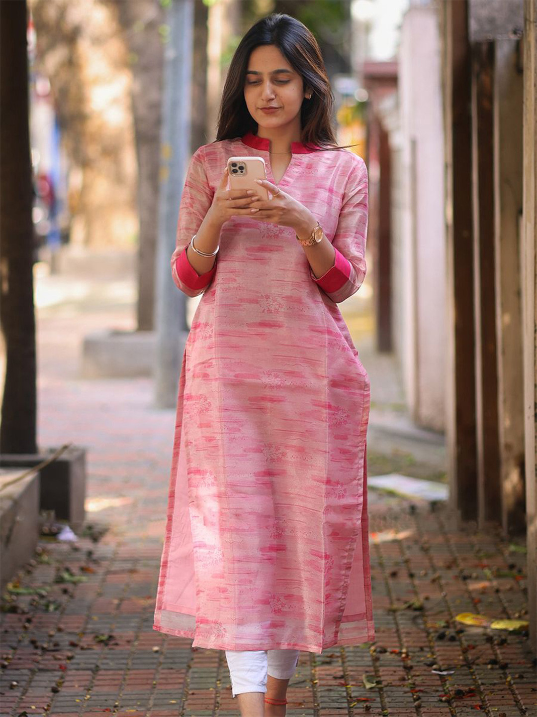 

Sun Fashion And Lifestyle Floral Printed Mandarin Collar Chanderi Cotton Straight Kurta, Pink