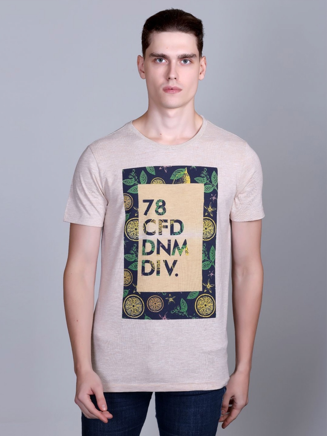 

CONFIDENCE Men Graphic Printed Round Neck Cotton Slim Fit T-shirt, Beige