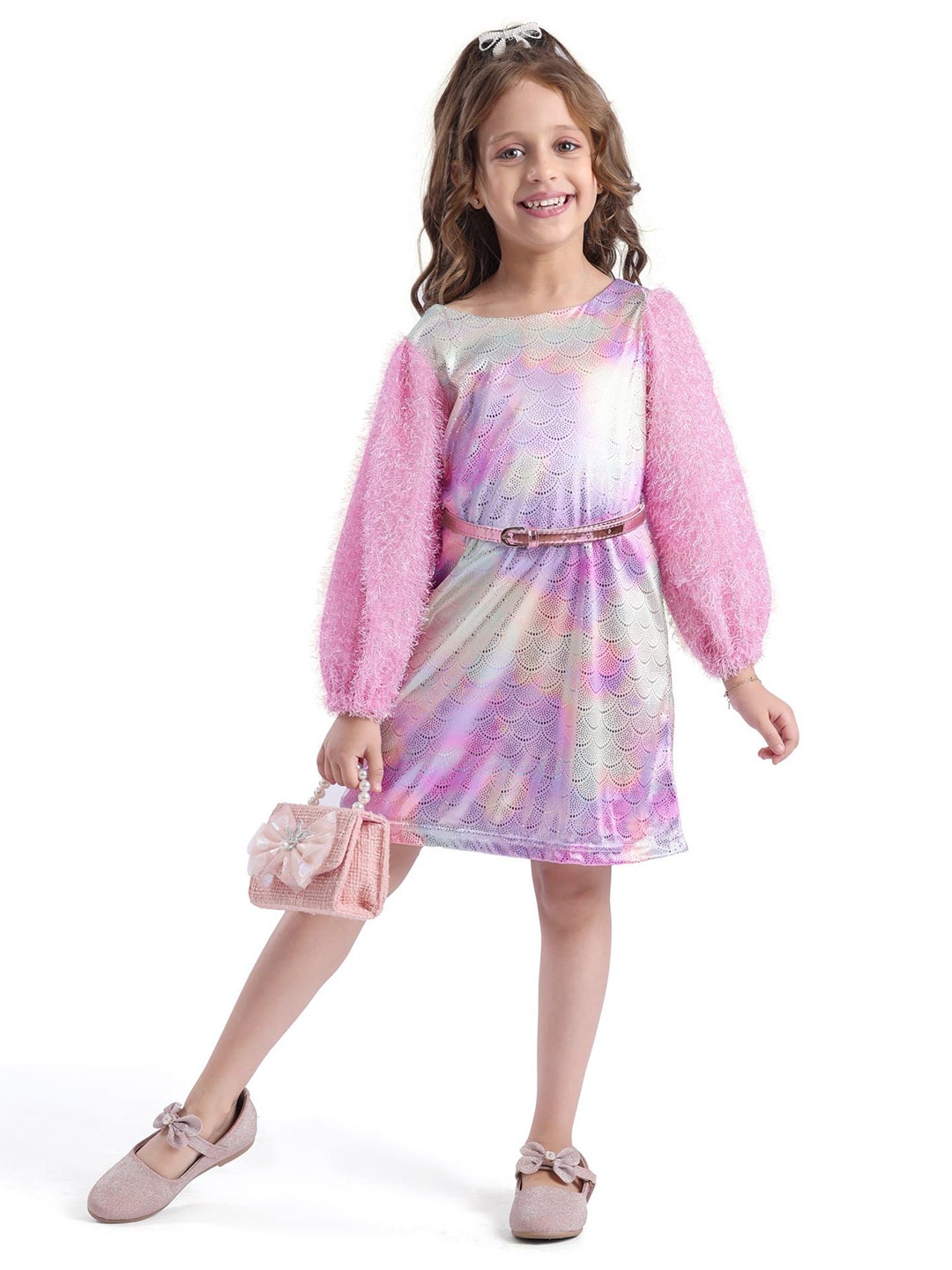 

Hola Bonita Girls Ombre Dyed Puff Sleeves A-Line Dress with Belt, Pink