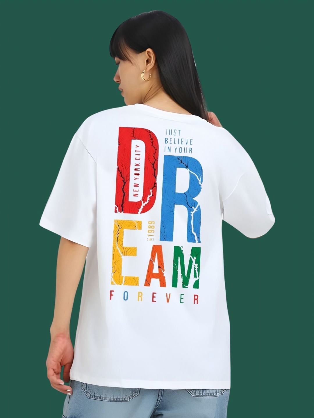 

DressBerry Women Typography Printed Round Neck Cotton Oversized T-shirt, White