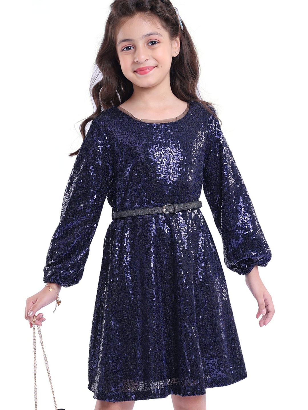 

Hola Bonita Girls Embellished Sequined Detail Net A-Line Dress, Navy blue