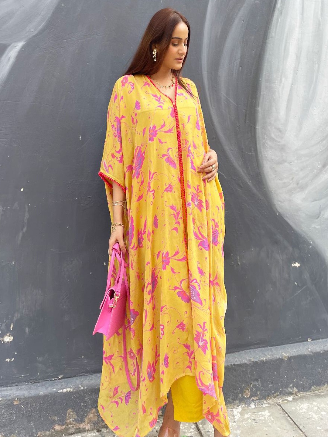 

ZAITRA Floral Printed Georgette Kaftan Midi Ready to Wear Dress, Yellow