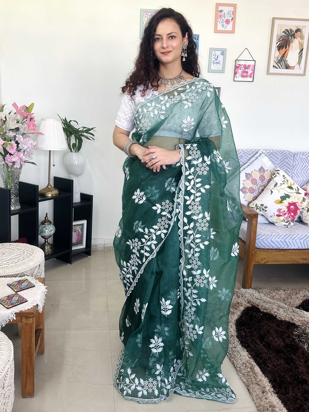 

DIVASTRI Embellished Embroidered Organza Saree, Green