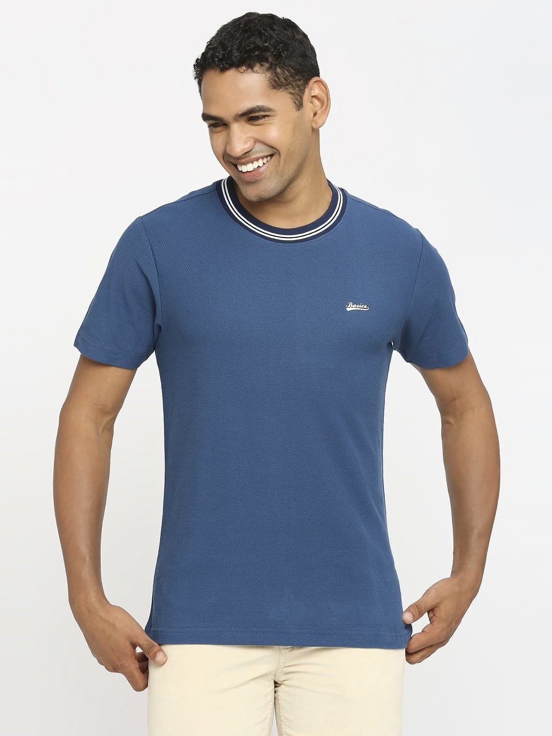 

Basics Men Solid Round Neck Cotton T-shirt, Blue