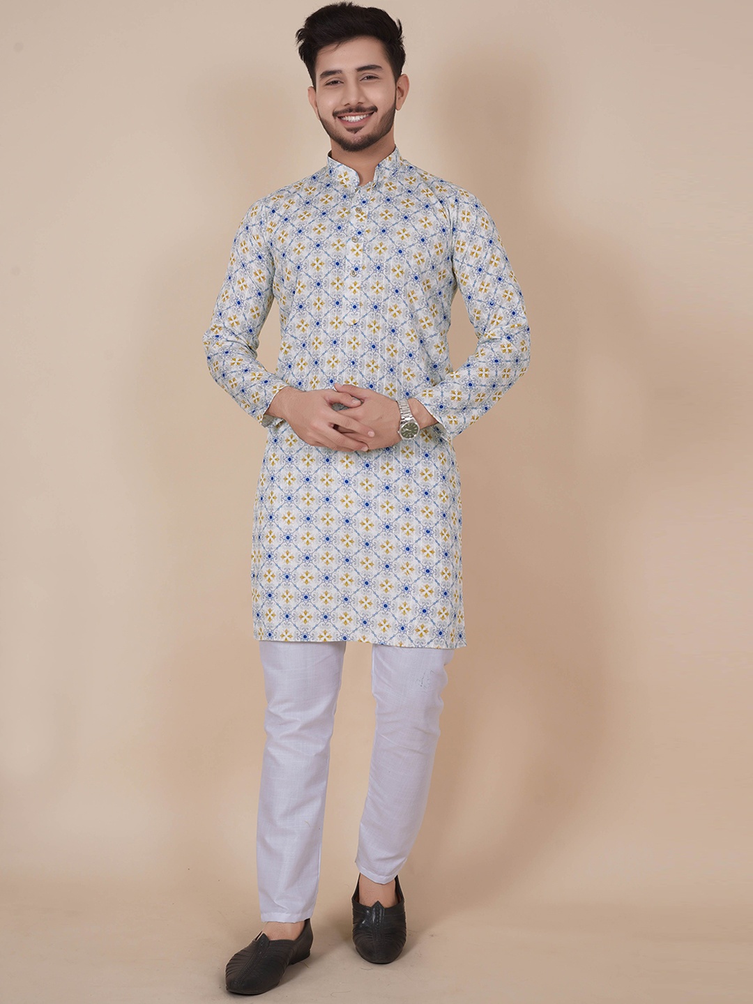 

ALMORA Ethnic Motifs Printed Band Collar Straight Pure Cotton Kurta with Pyjamas, Blue