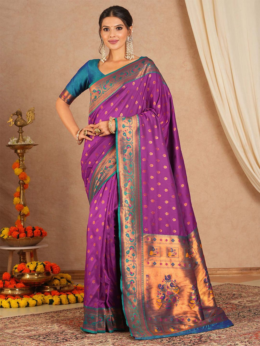 

Anouk Woven Design Zari Silk Blend Paithani Saree, Purple