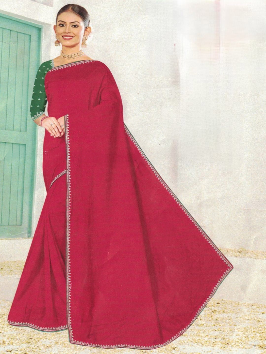 

SHOPPKEE Beads and Stones Silk Cotton Heavy Work Banarasi Saree, Red