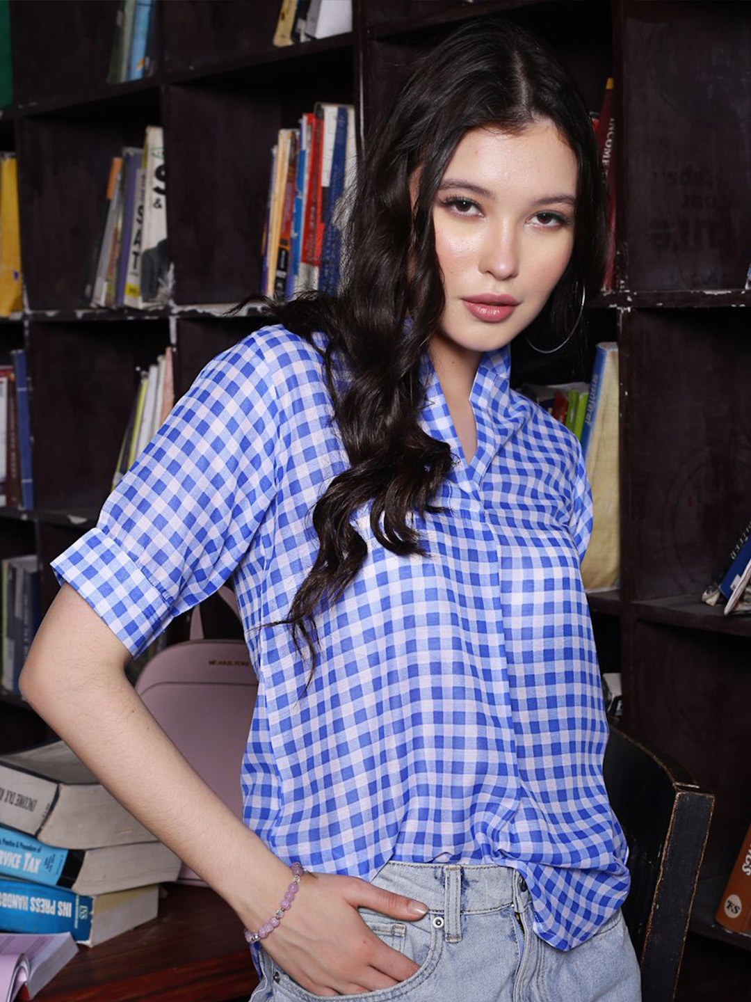 

Sera Geometric Checked Mandarin Collar Cotton Top, Blue