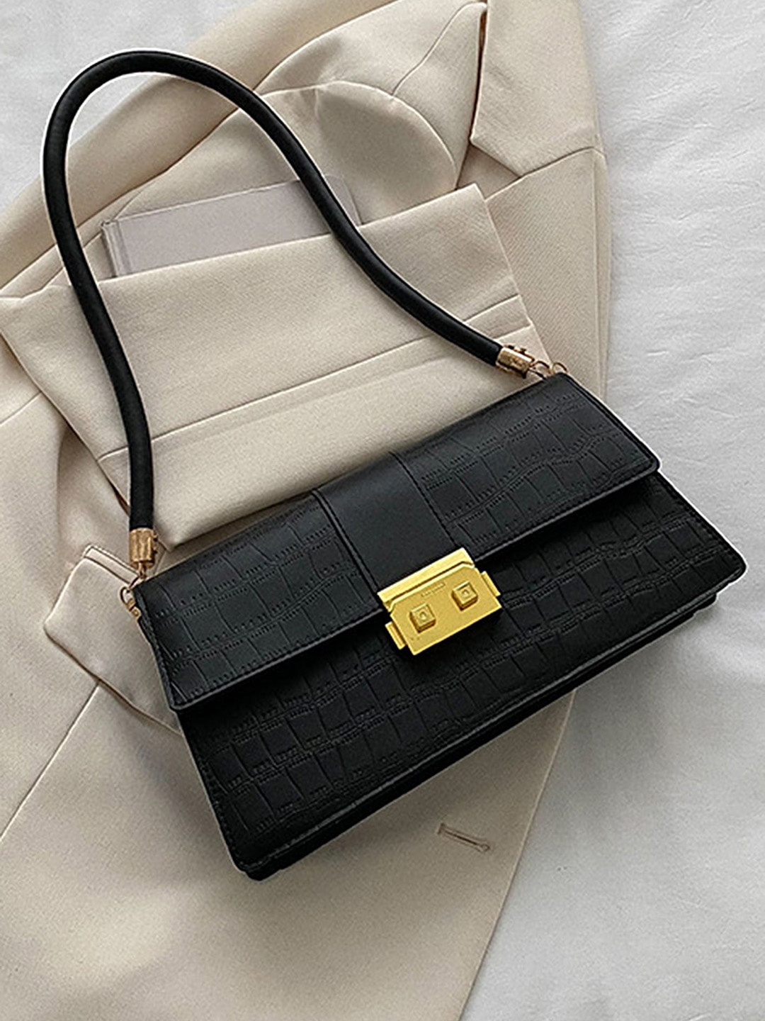 

LULU & SKY Colourblocked PU Half Moon Satchel with Cut Work, Black