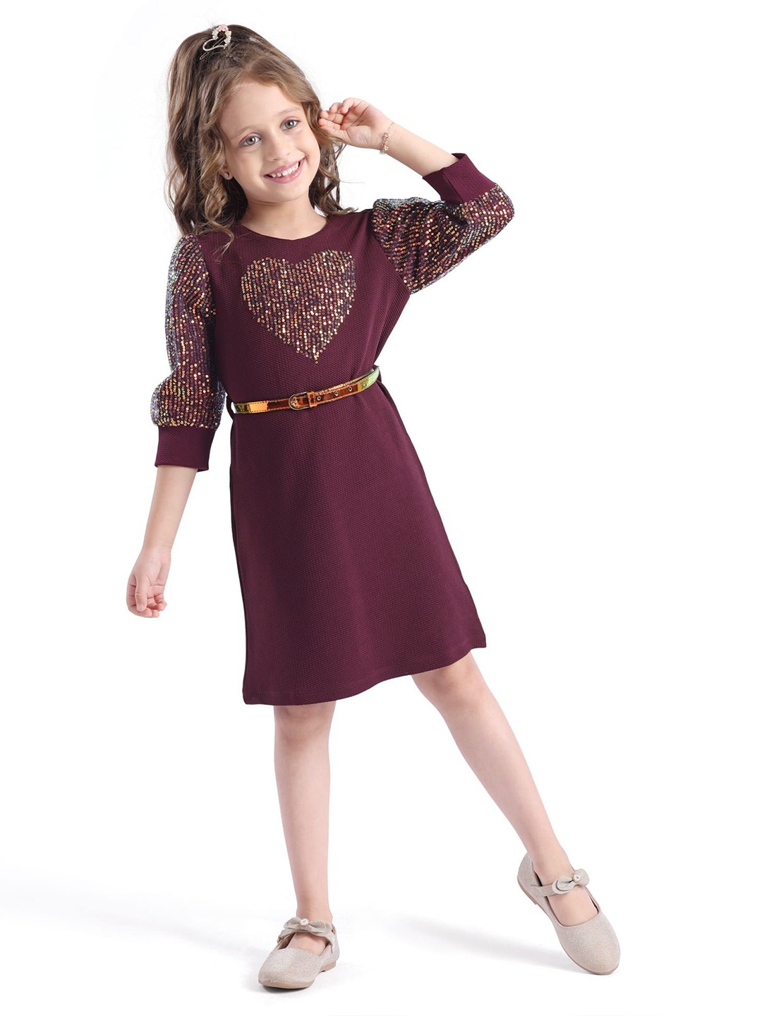 

Hola Bonita Girls Embellished A-Line Knee Length Dress With Belt, Maroon