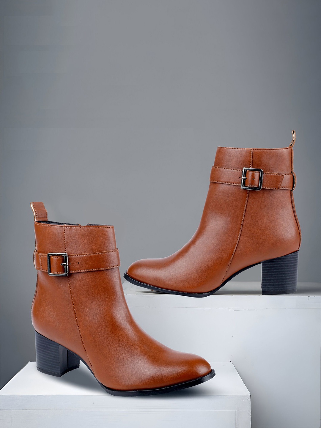 

Bxxy Women Faux Casual Buckle Zipper Block Heels High Ankle Boot, Tan