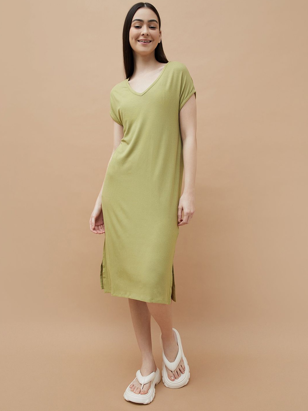 

Ginger by Lifestyle Women Ribbed Cotton T-shirt Dress, Olive