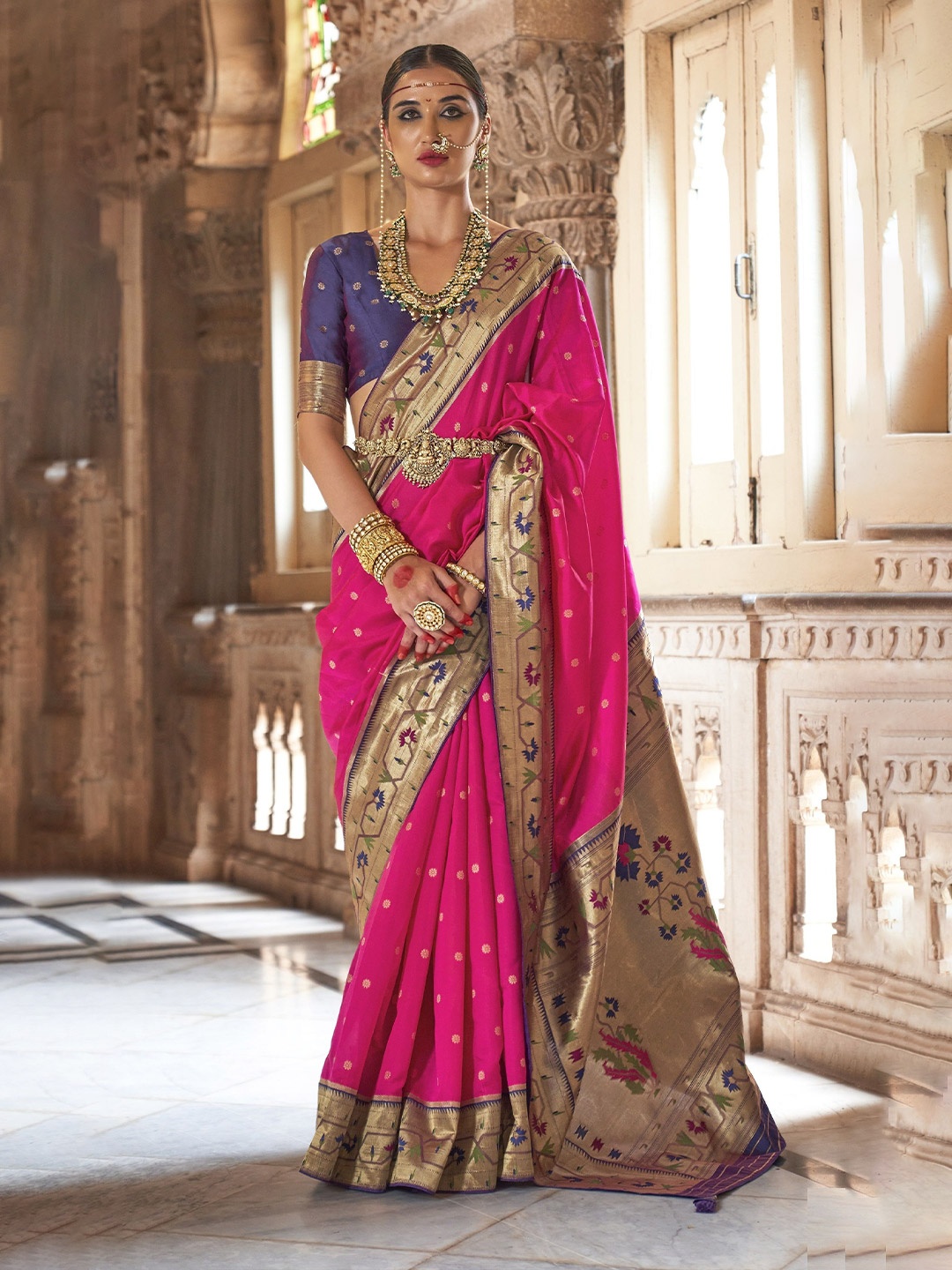 

MAHALASA Ethnic Motifs Pure Silk Handloom Paithani Saree, Pink