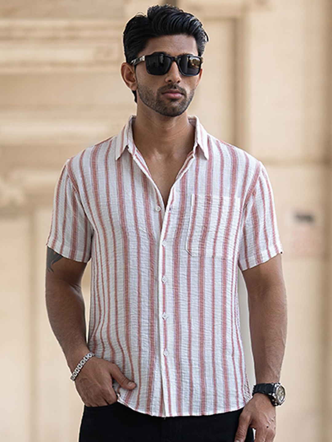 

Powerlook Men Opaque Striped Casual Shirt, Orange