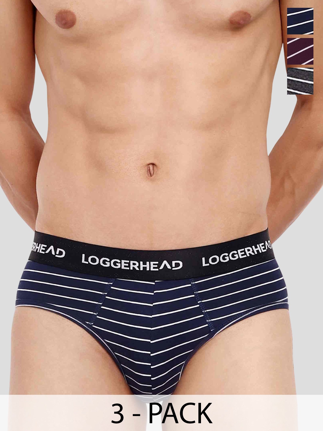 

LOGGERHEAD Pack Of 3 Striped Mid Rise Briefs LHYB011-NAVY-WINE-ANTRA-NAVY-WINE-ANTRA, Navy blue