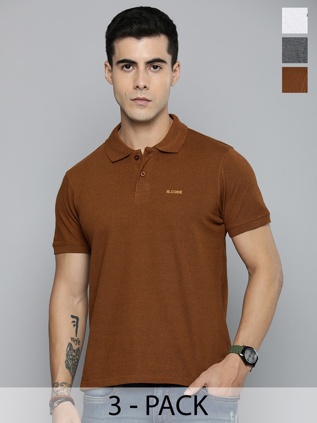 

R.Code by The Roadster Lifestyle Co. Men Regular Fit Pack Of 3 Solid Polo Cotton T-shirts, Brown