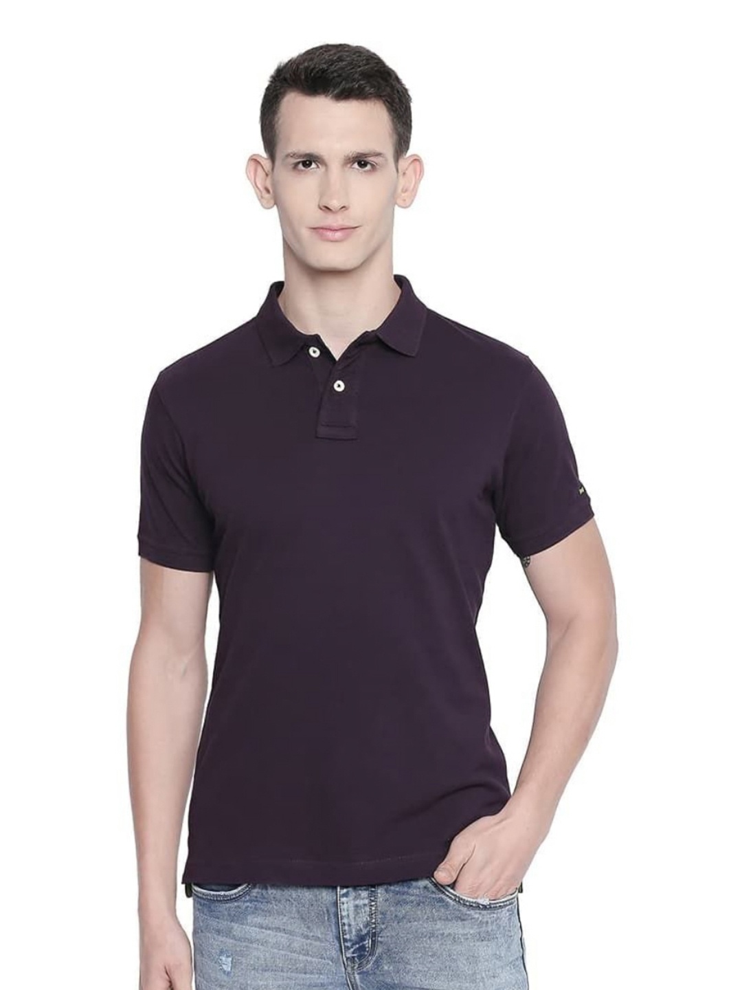 

Basics Men Solid Polo Collar Cotton T-shirt, Purple