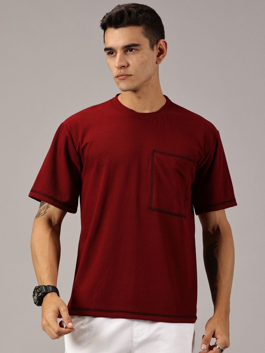 

Rodzen Men Solid Round Neck Cotton Relaxed Fit T-shirt, Maroon