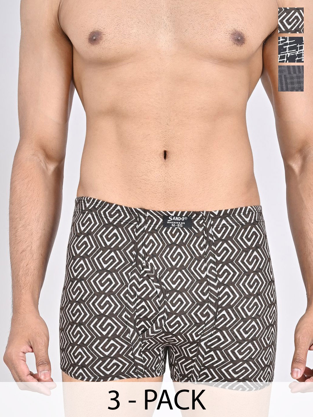 

SANDO Pack Of 3 Printed Pure Cotton Trunks GENIUS-03-04-10, Brown