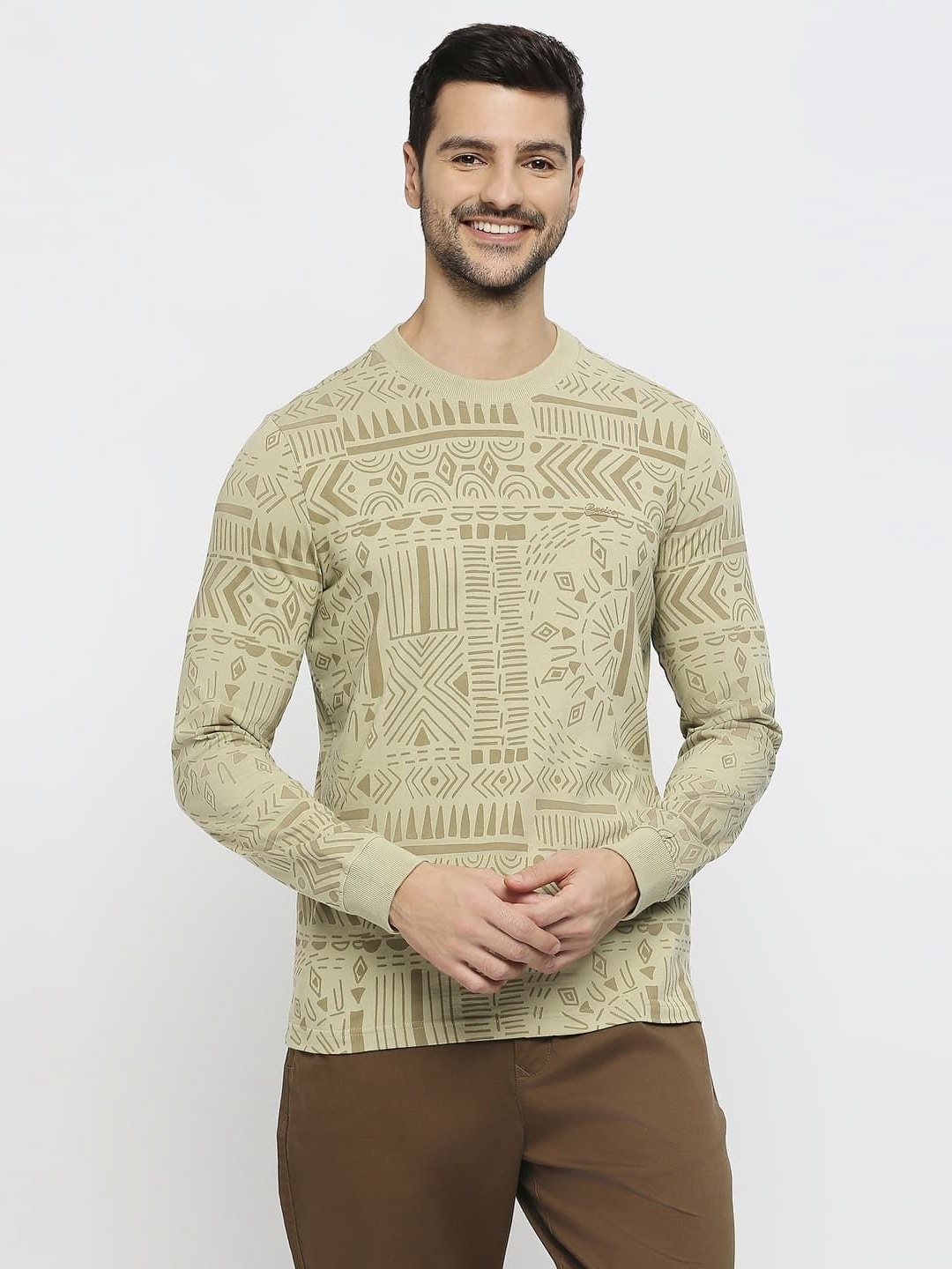 

Basics Men Regular Fit Geometric Printed Round Neck Cotton T-shirt, Olive