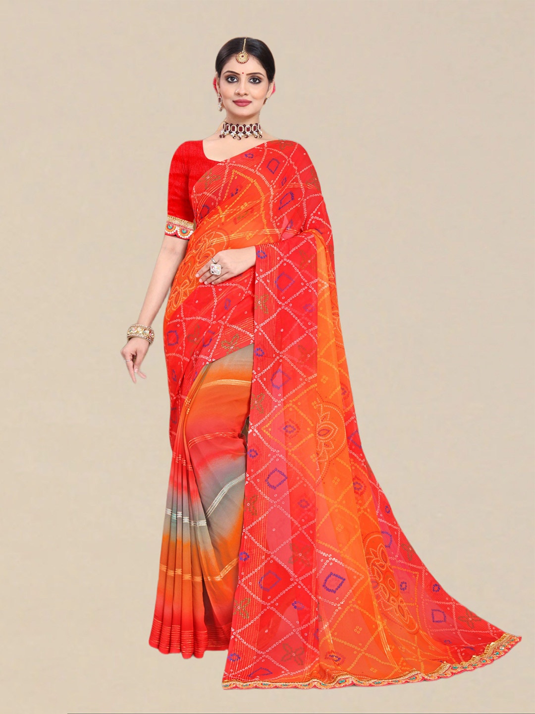 

DIVASTRI Bandhani Poly Georgette Bandhani Saree, Red