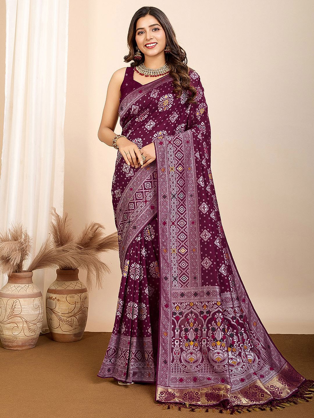 

Satrani Woven Design Zari Pure Silk Kanjeevaram Saree, Purple