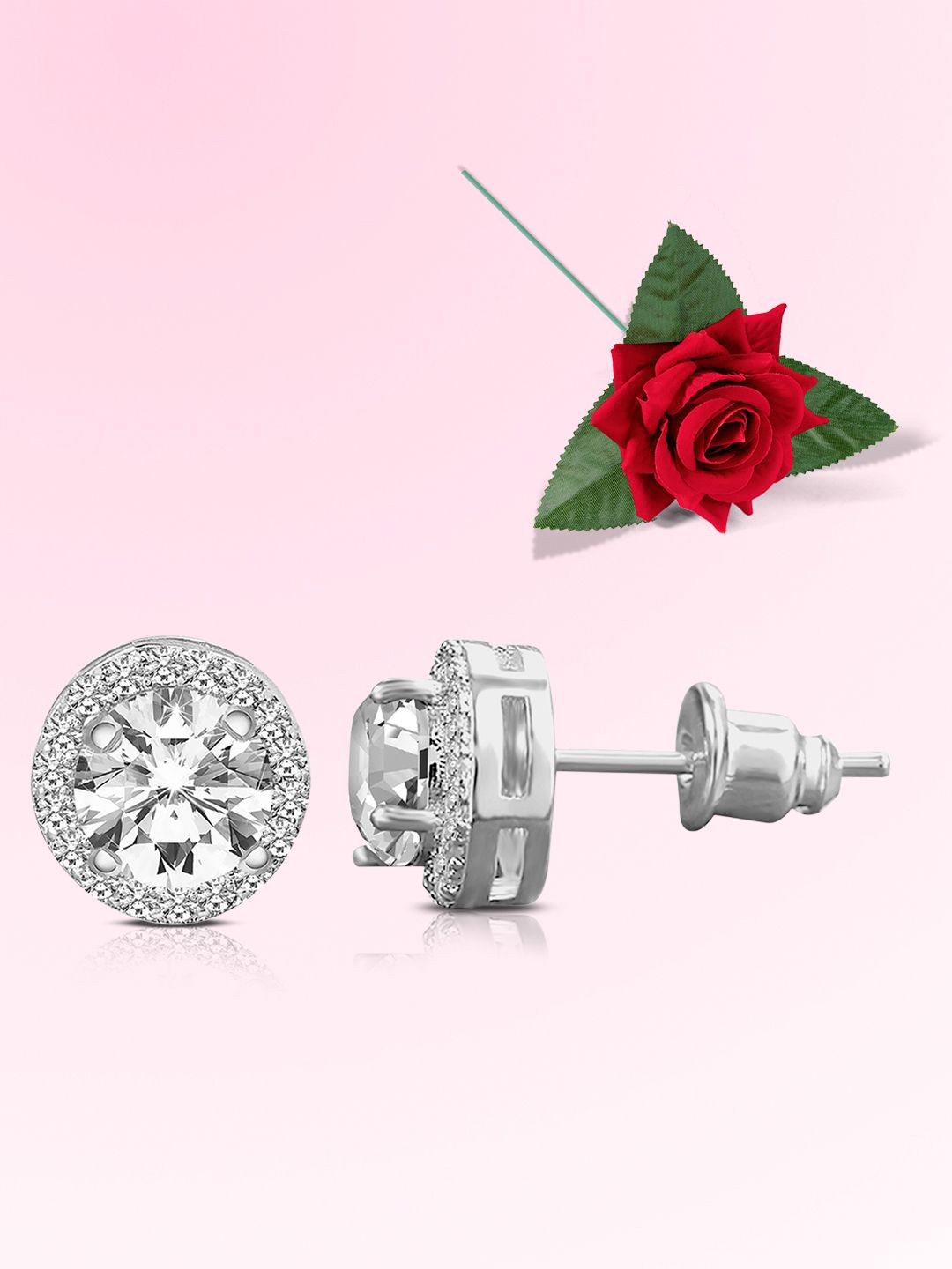 

Peora Silver-Plated Cubic Zirconia Studded Circular Shaped Studs With Red Rose