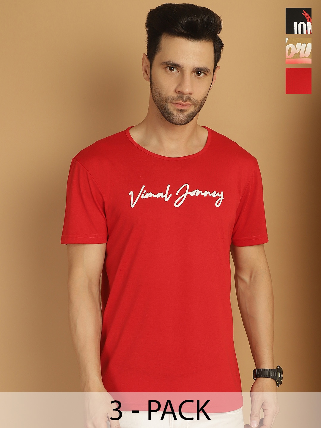 

VIMAL JONNEY Men Pack Of 3 Graphic Printed Round Neck Cotton T-shirts, Black