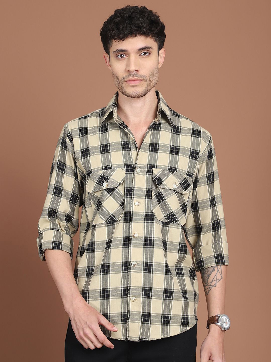 

Indian Needle Men Classic Relaxed Fit Spread Collar Tartan Checked Cotton Casual Shirt, Beige