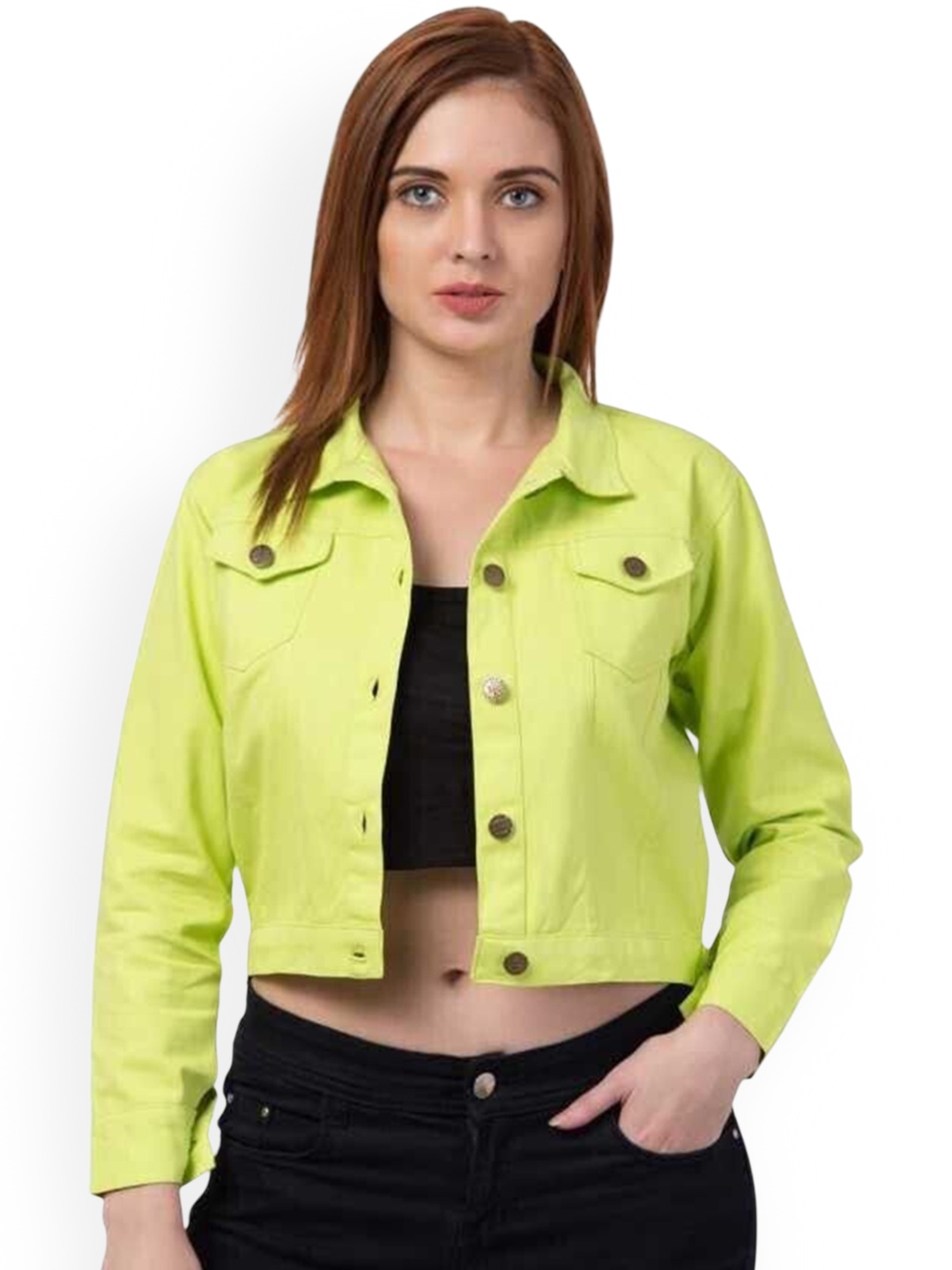 

KASHIAN Women Spread Collar Solid Casual Denim Jacket, Green