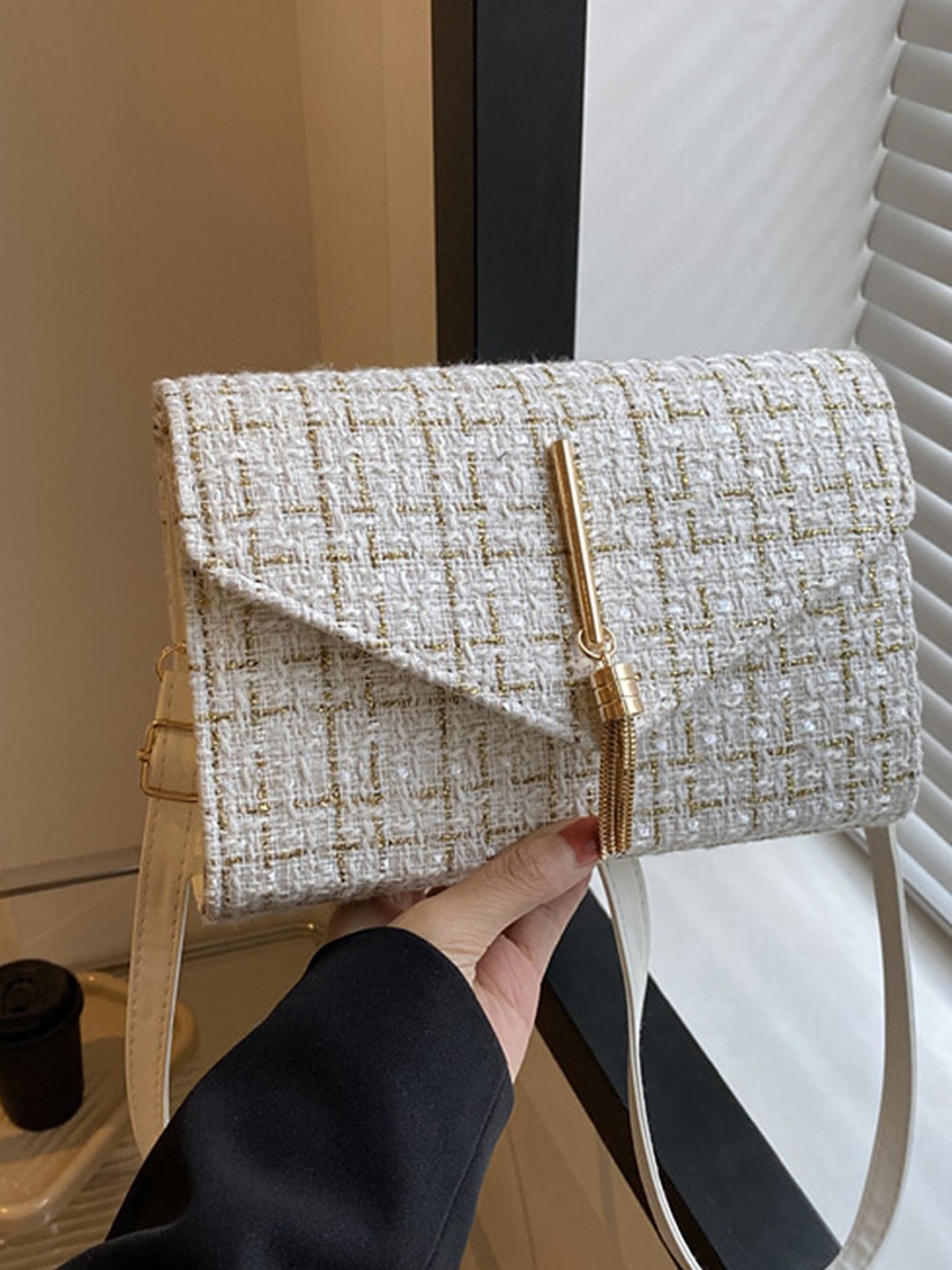 

LULU & SKY PU Structured Handheld Bag with Cut Work, White