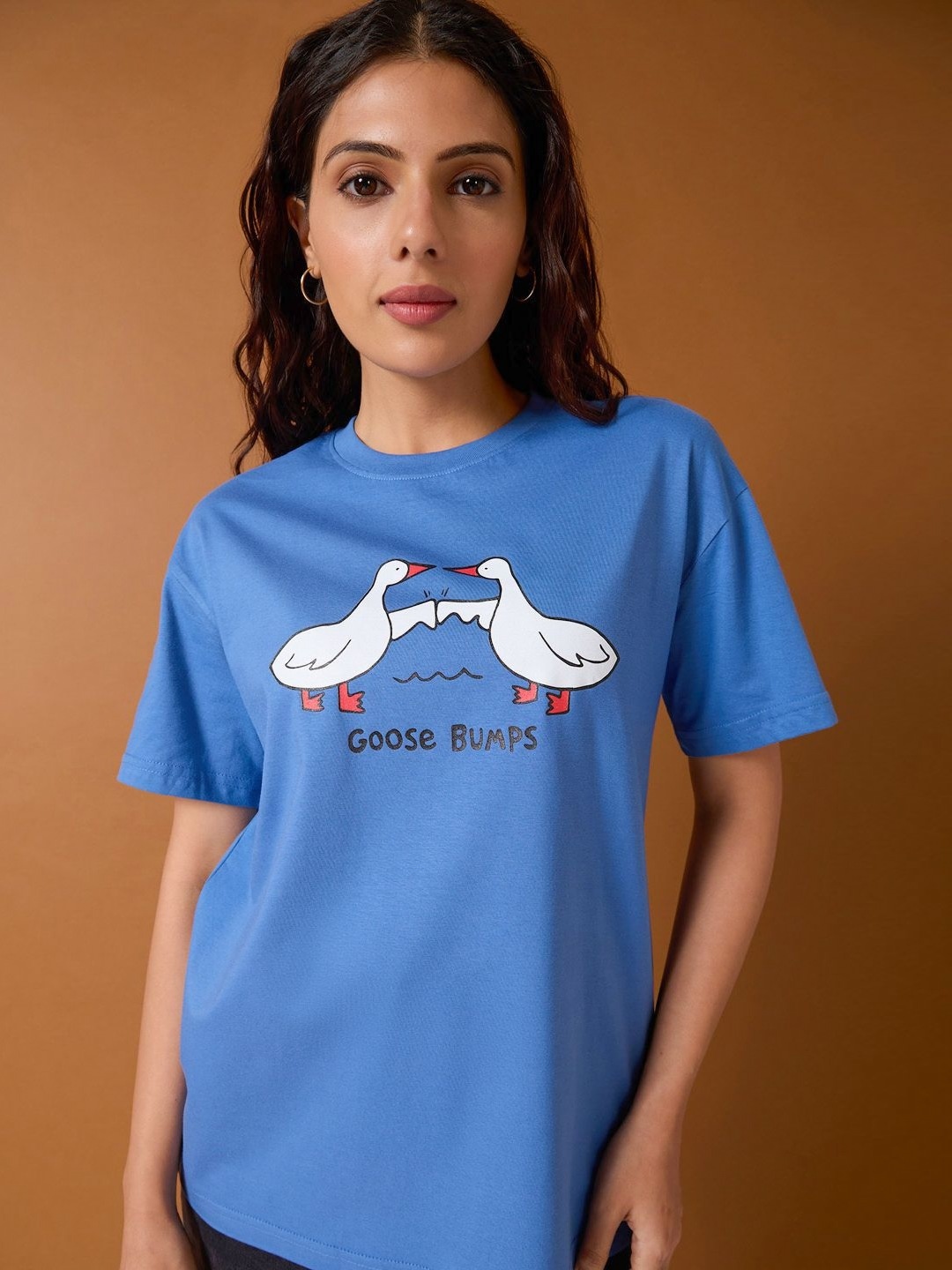 

Mast & Harbour Women Graphic Printed Round Neck Cotton Oversized T-shirt, Blue