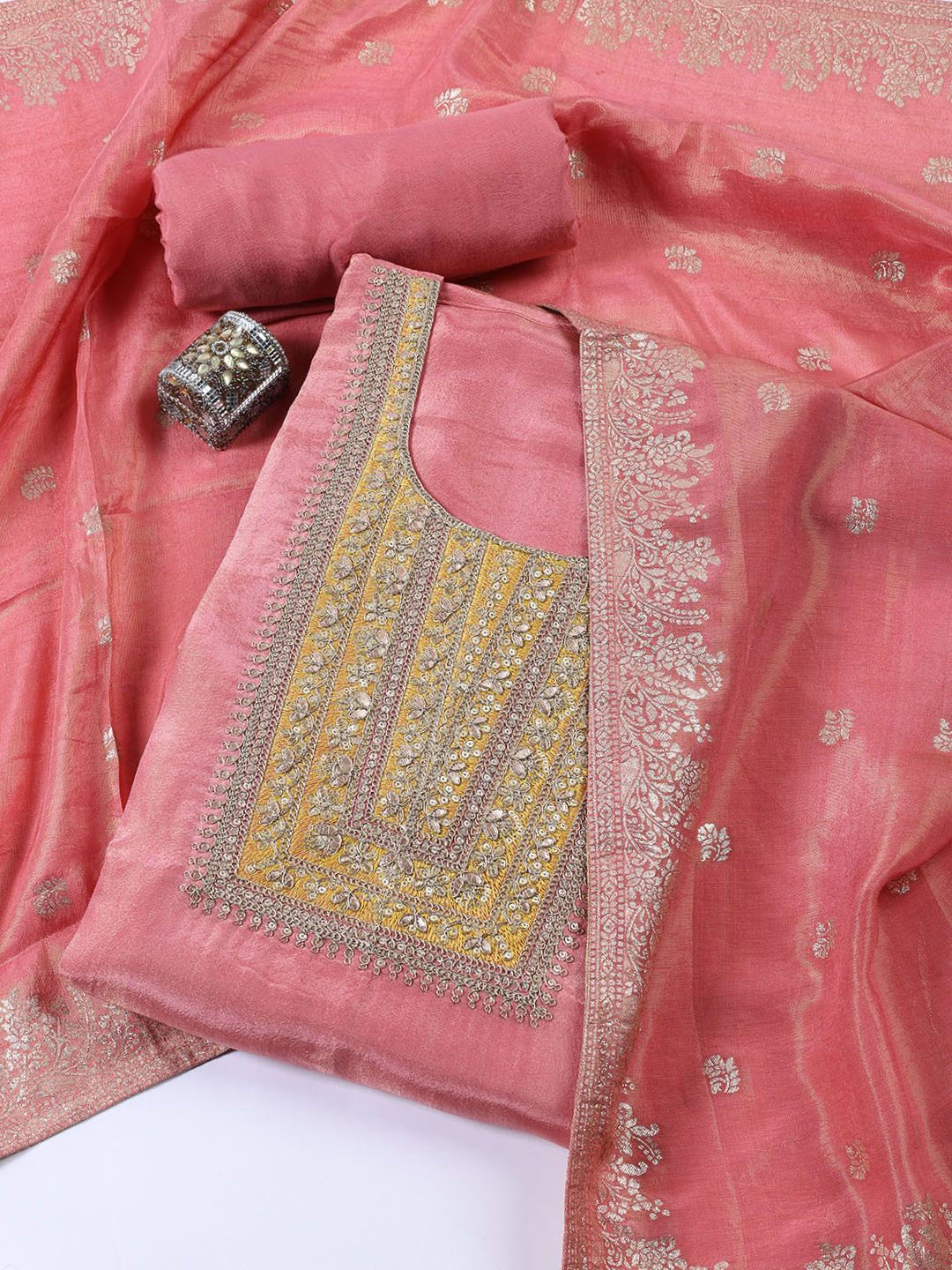 

Meena Bazaar Floral Embroidered Zari Unstitched Dress Material, Pink