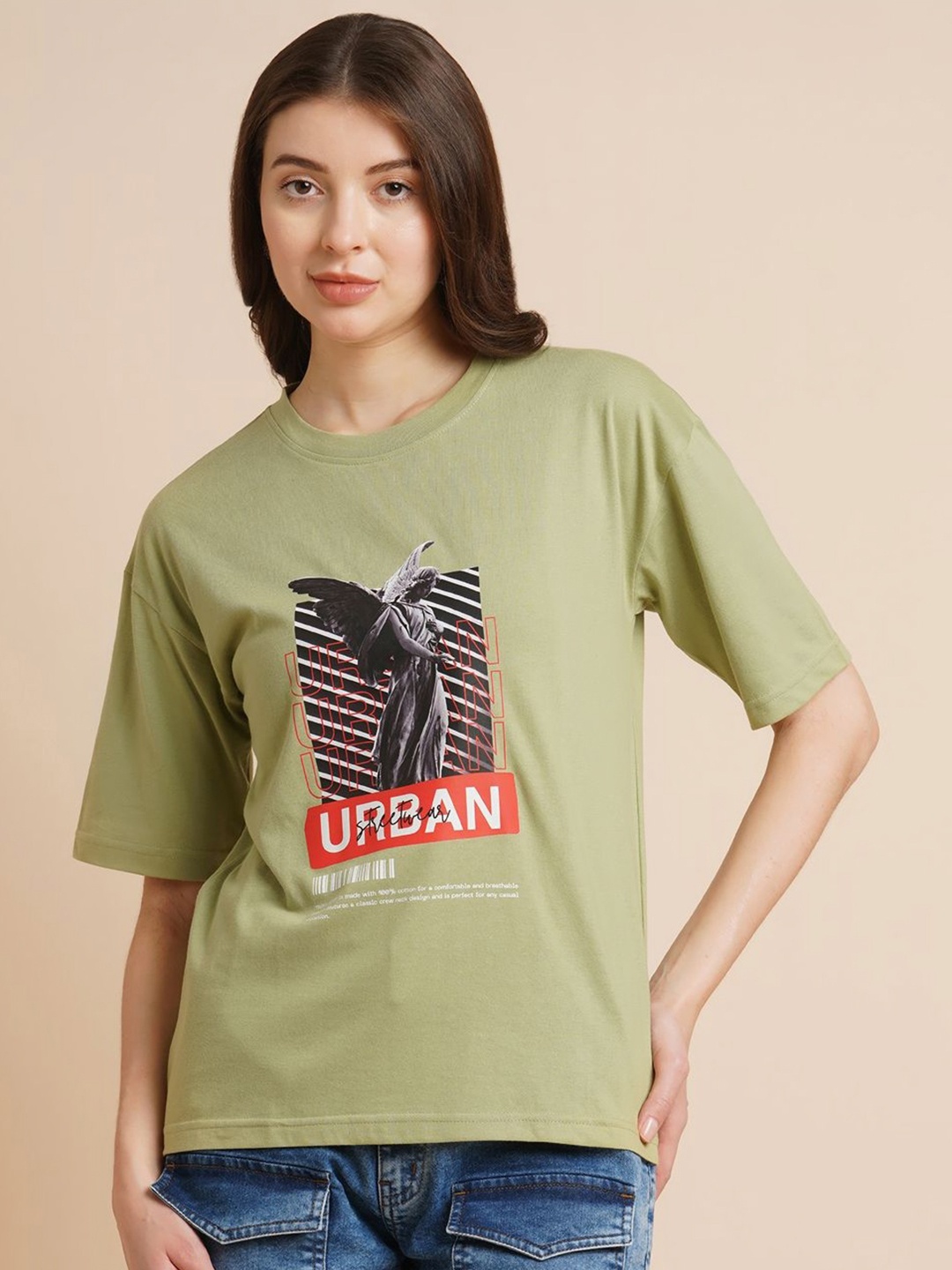 

ANJIR Women Graphic Printed Round Neck Oversized T-shirt, Green