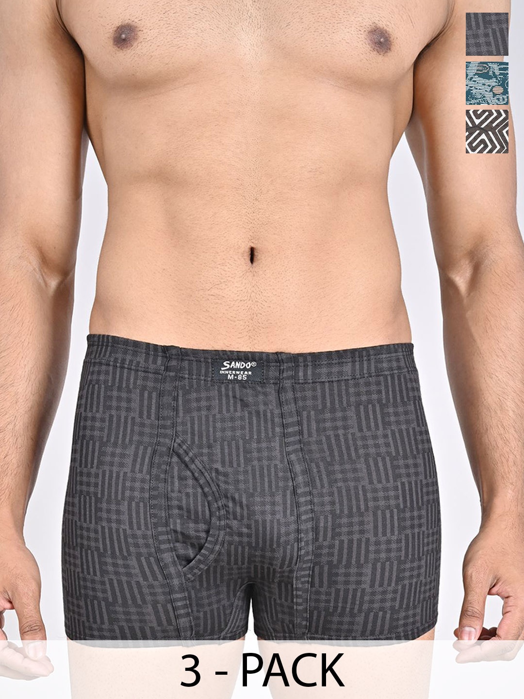 

SANDO Pack Of 3 Printed Pure Cotton Trunks GENIUS-02-03-04, Grey