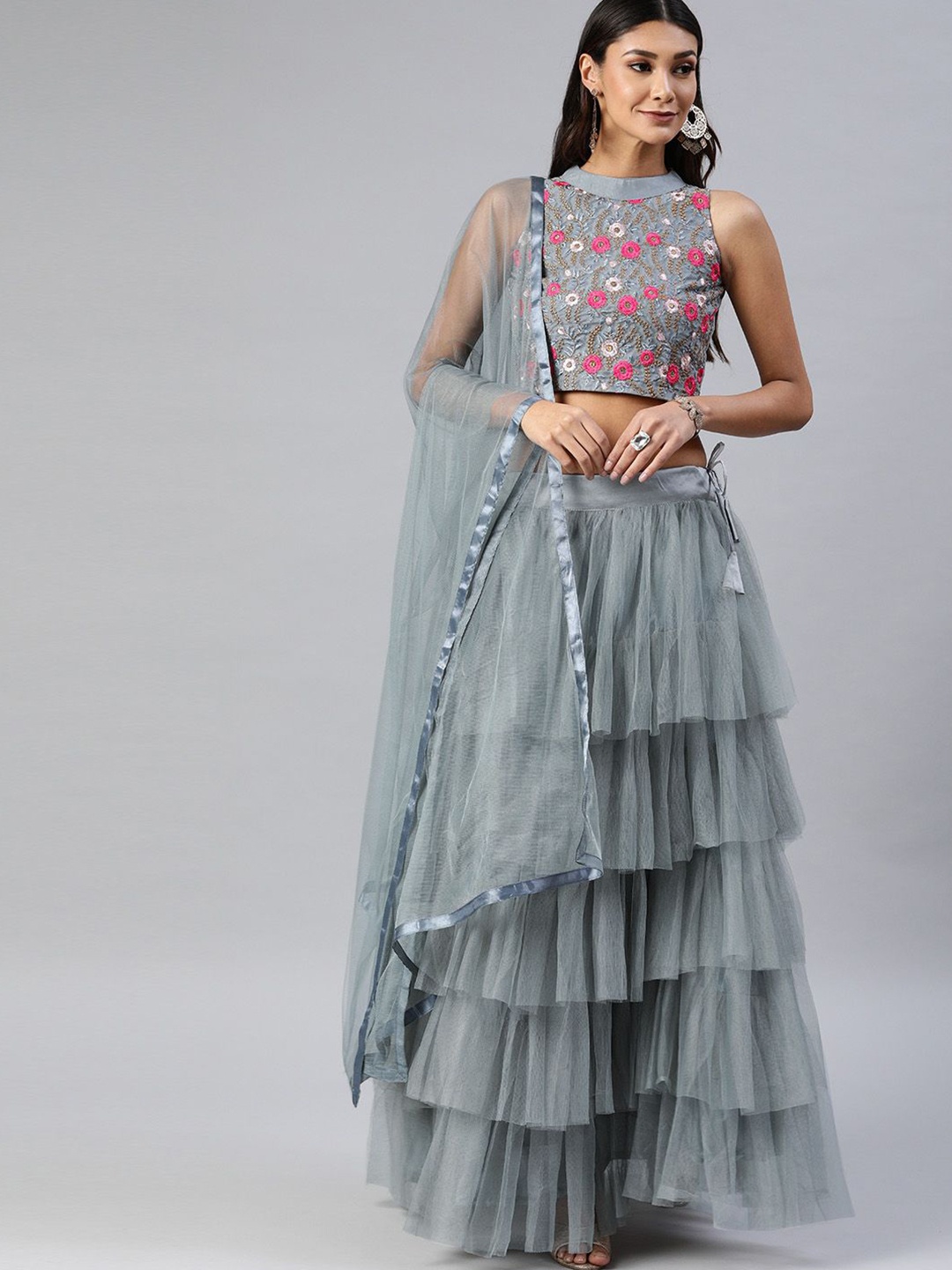 

DIVASTRI Embroidered Thread Work Semi-Stitched Lehenga Choli, Grey