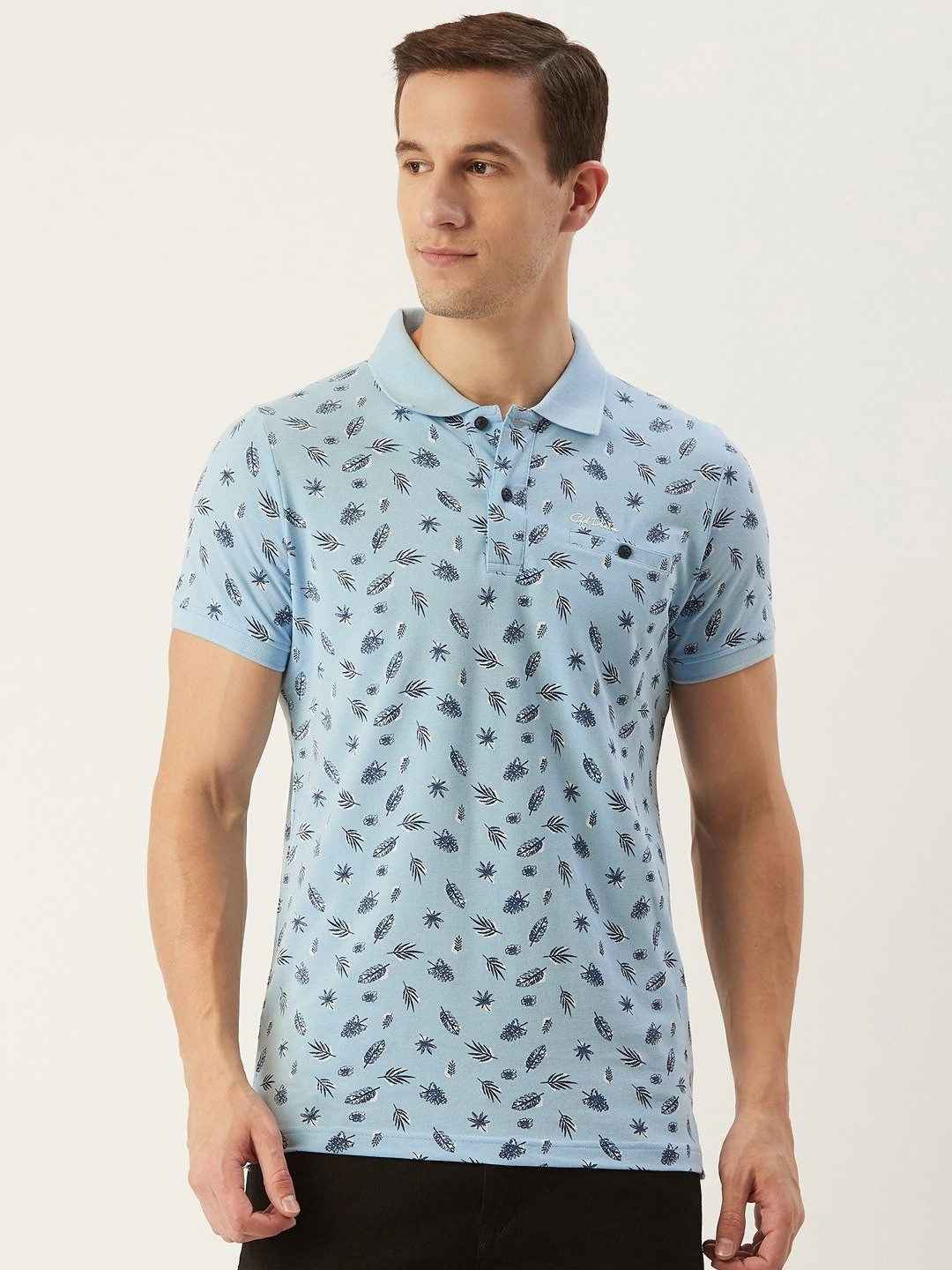 

CONFIDENCE Men Floral Printed Polo Collar Cotton T-shirt, Blue