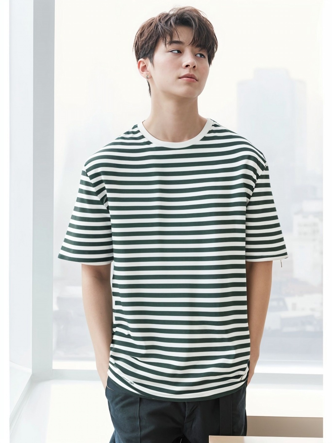 

MACK JONNEY Men Striped Round Neck Cotton Oversized T-shirt, Green