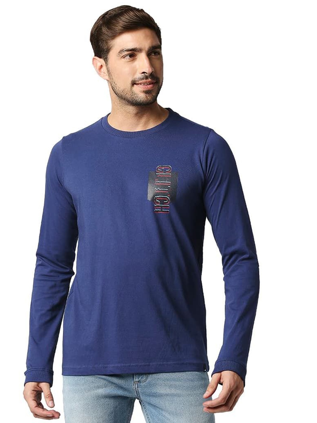 

Basics Men Typography Printed Round Neck Cotton T-shirt, Navy blue