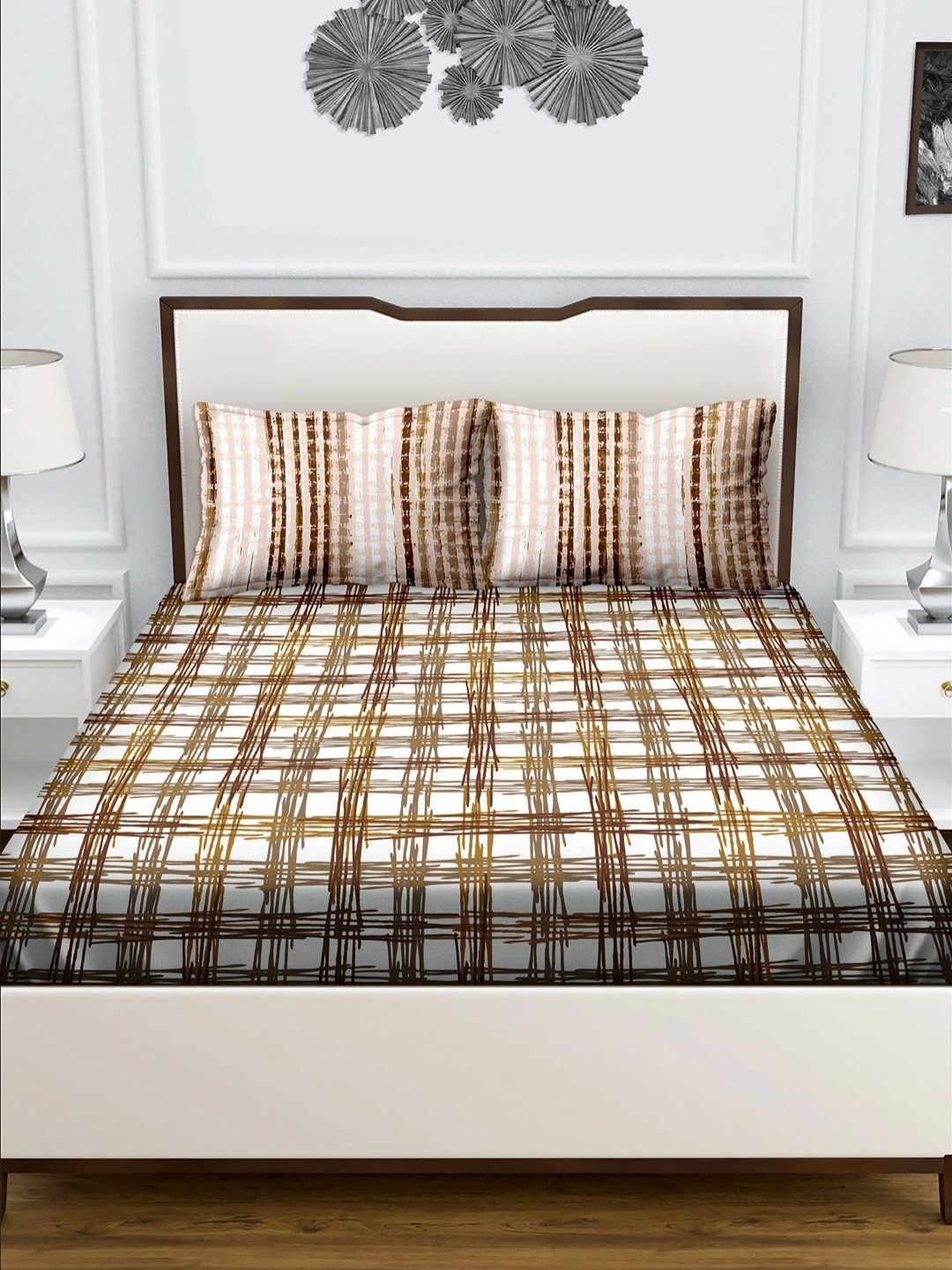 

Myntra Elegant Homes Brown Printed 180 TC Pure Cotton Queen Bedsheet Set- 2.24 m x 2.44 m