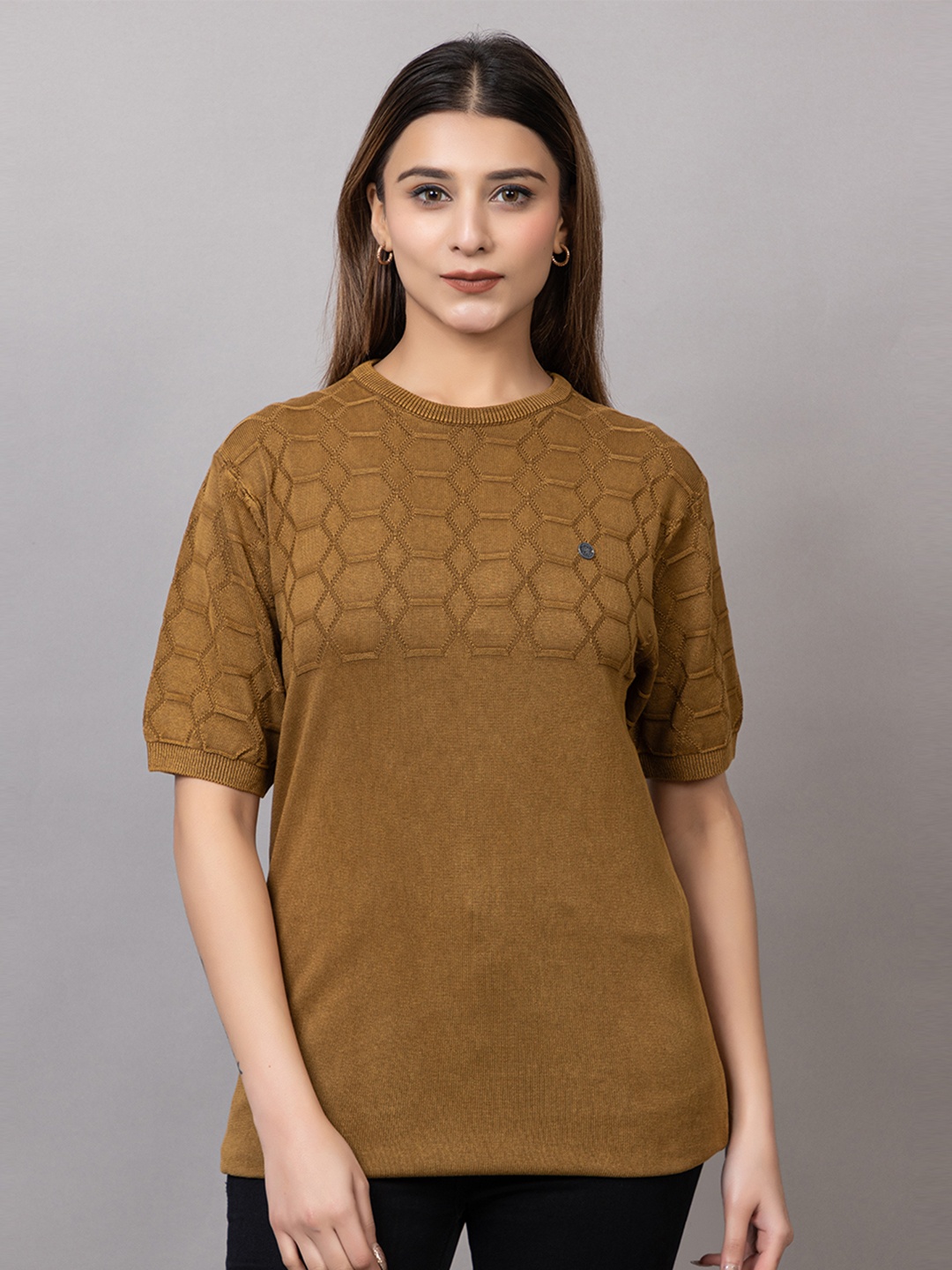 

Wool's Kart Women Self Design Round Neck T-shirt, Brown