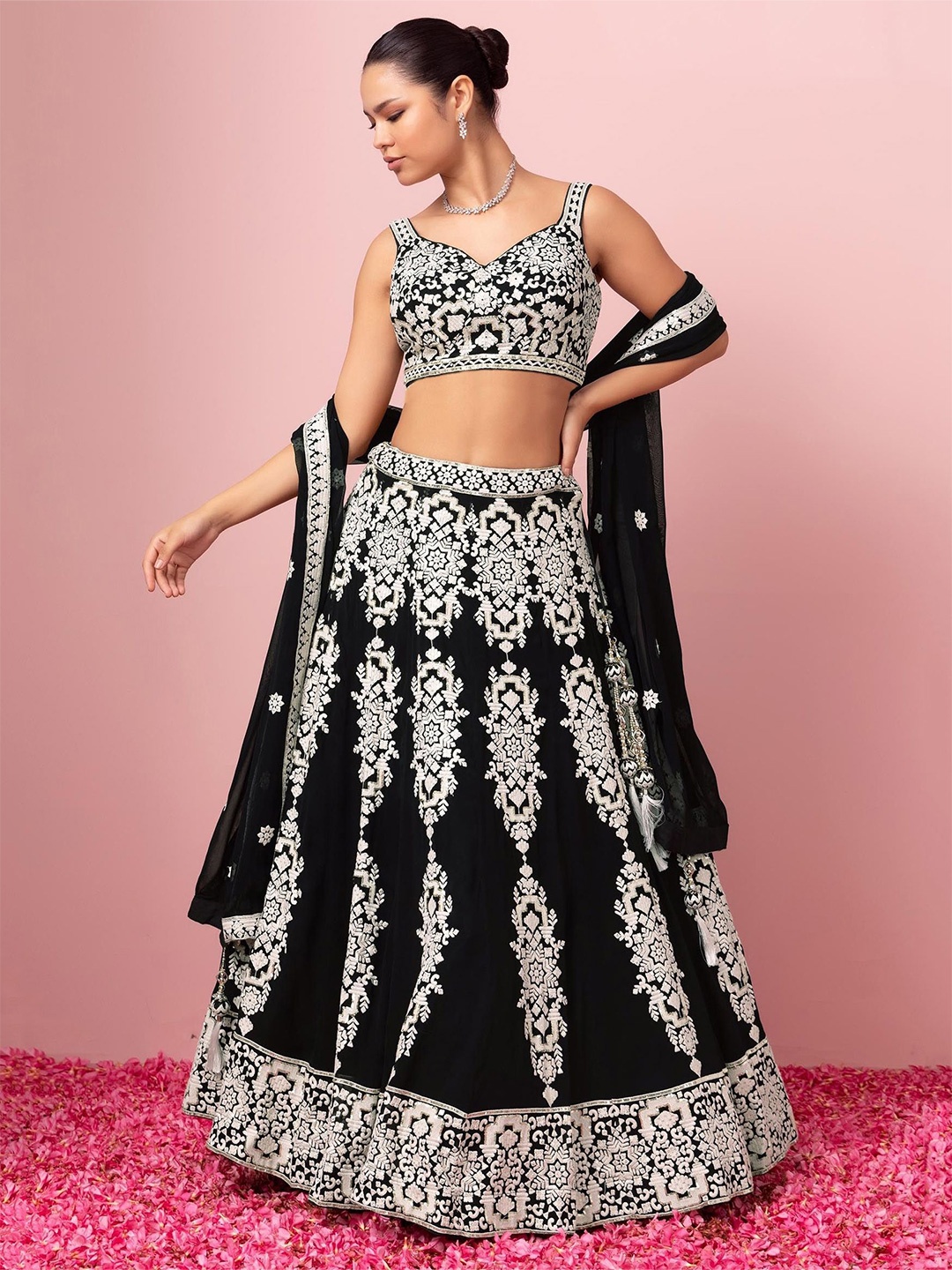 

FABPIXEL Floral Embroidered Sequinned Georgette Lehenga & Choli With Dupatta, Black