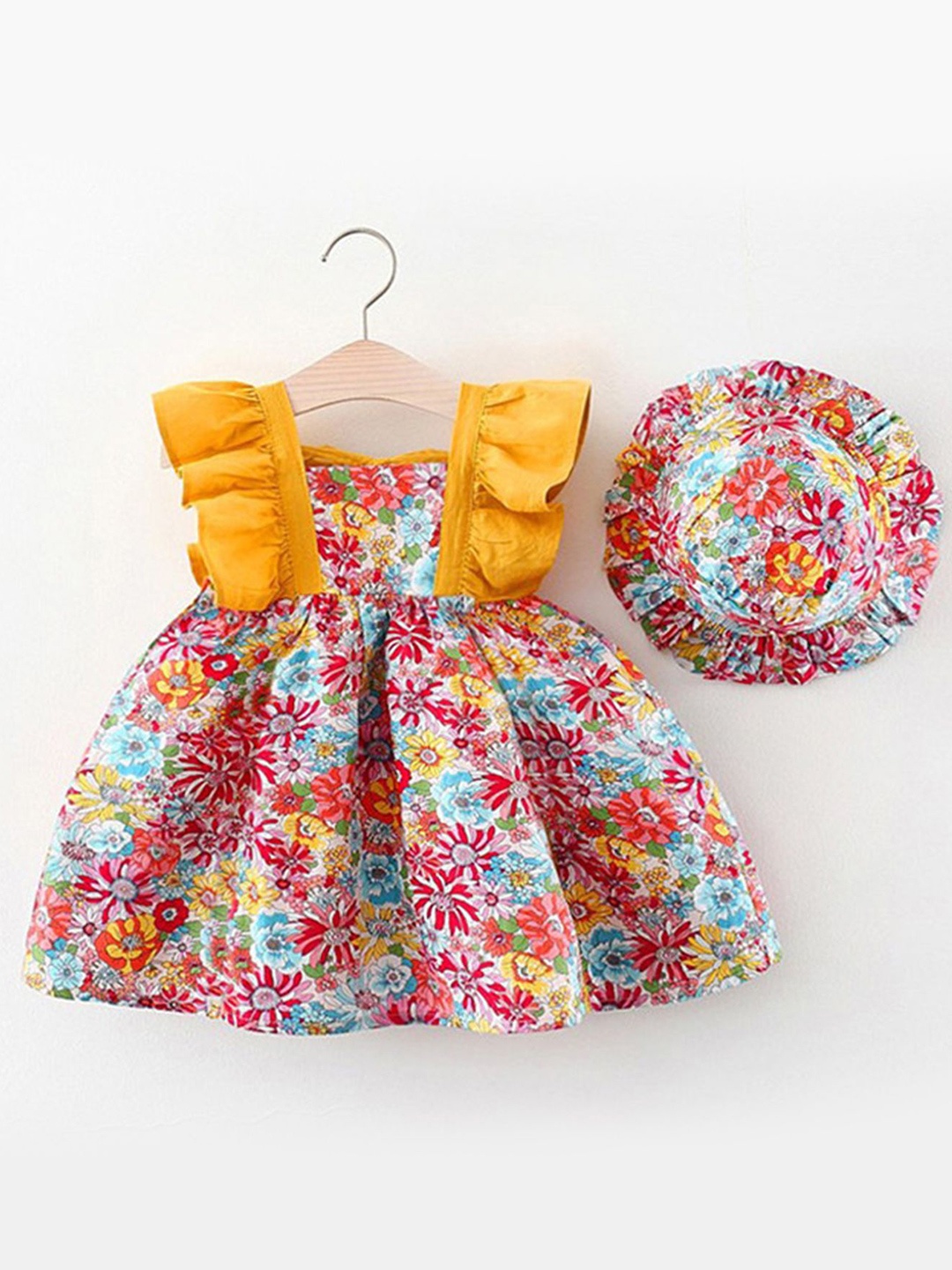 

LULU & SKY Girls Floral Printed Fit & Flare Dress With Hat, Yellow