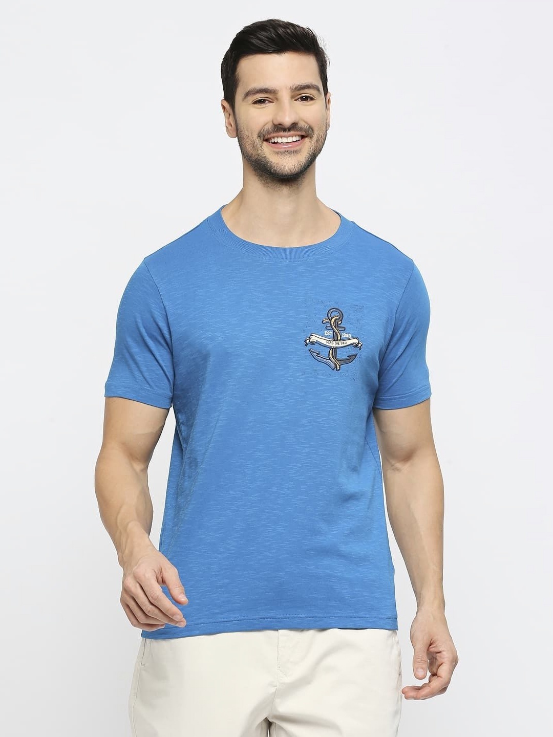 

Basics Men Graphic Printed Round Neck Cotton T-shirt, Blue