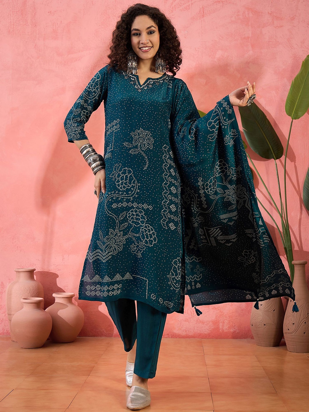 

Sangria Bandhani Printed Notch Neck Straight Kurta With Trouser And Dupatta, Green