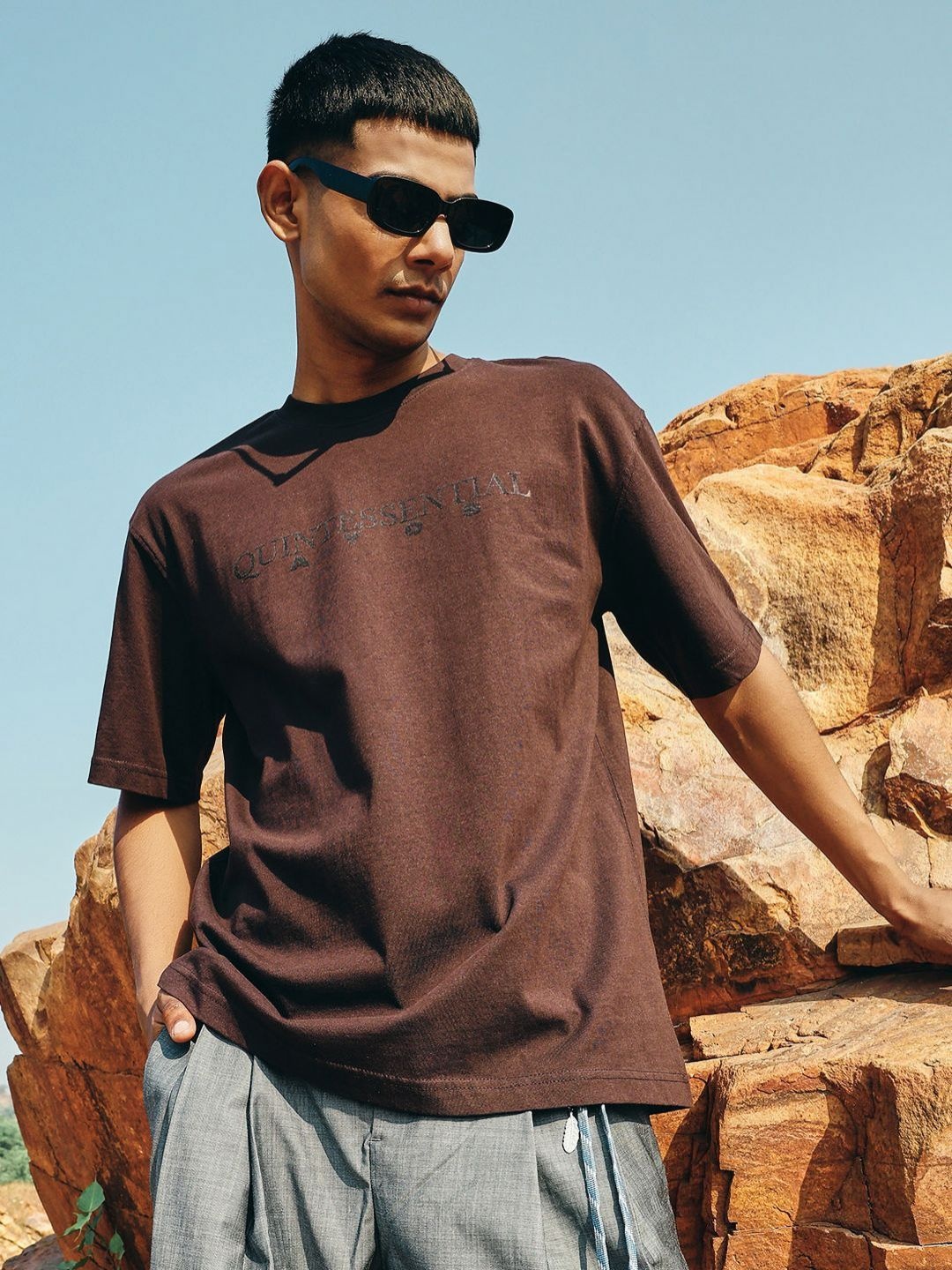 

AYCS Men Typography Printed Round Neck Cotton Oversized T-shirt, Brown