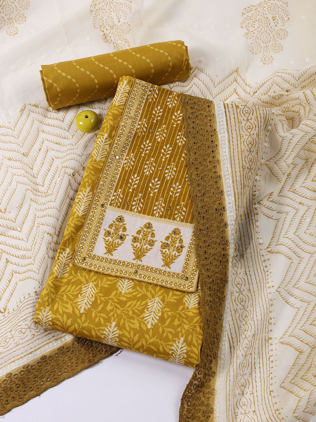 

Meena Bazaar Floral Printed Mirror Work Cotton Unstitched Dress Material, Mustard