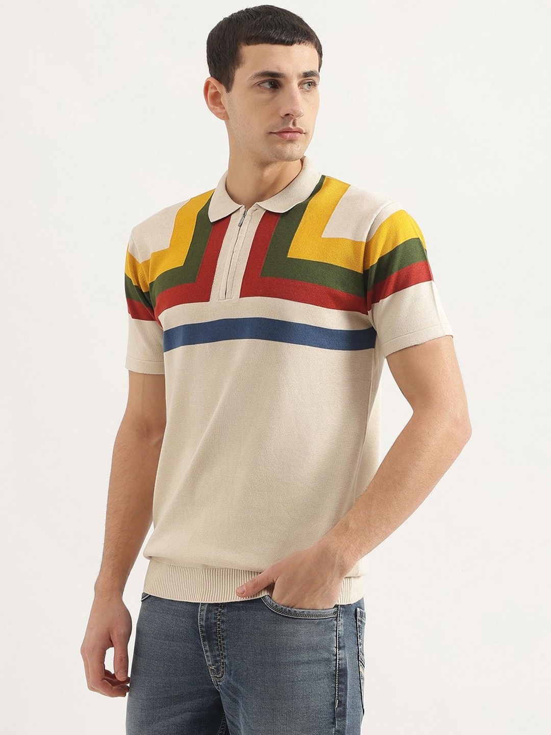 

United Colors of Benetton Men Colourblocked Polo Collar Cotton T-shirt, Beige